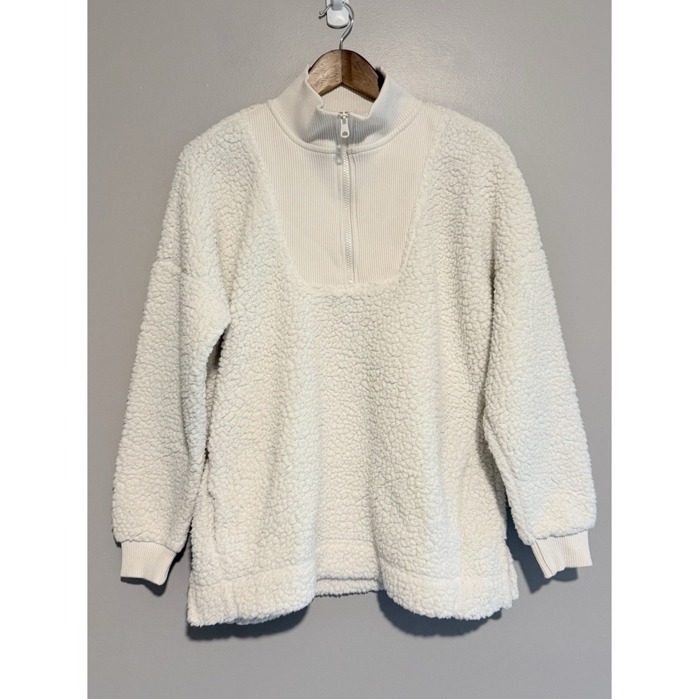 AERIE Dream Sherpa Quarter Zip Sweatshirt Ivory Cream Oversized Cozy Fleece Sm